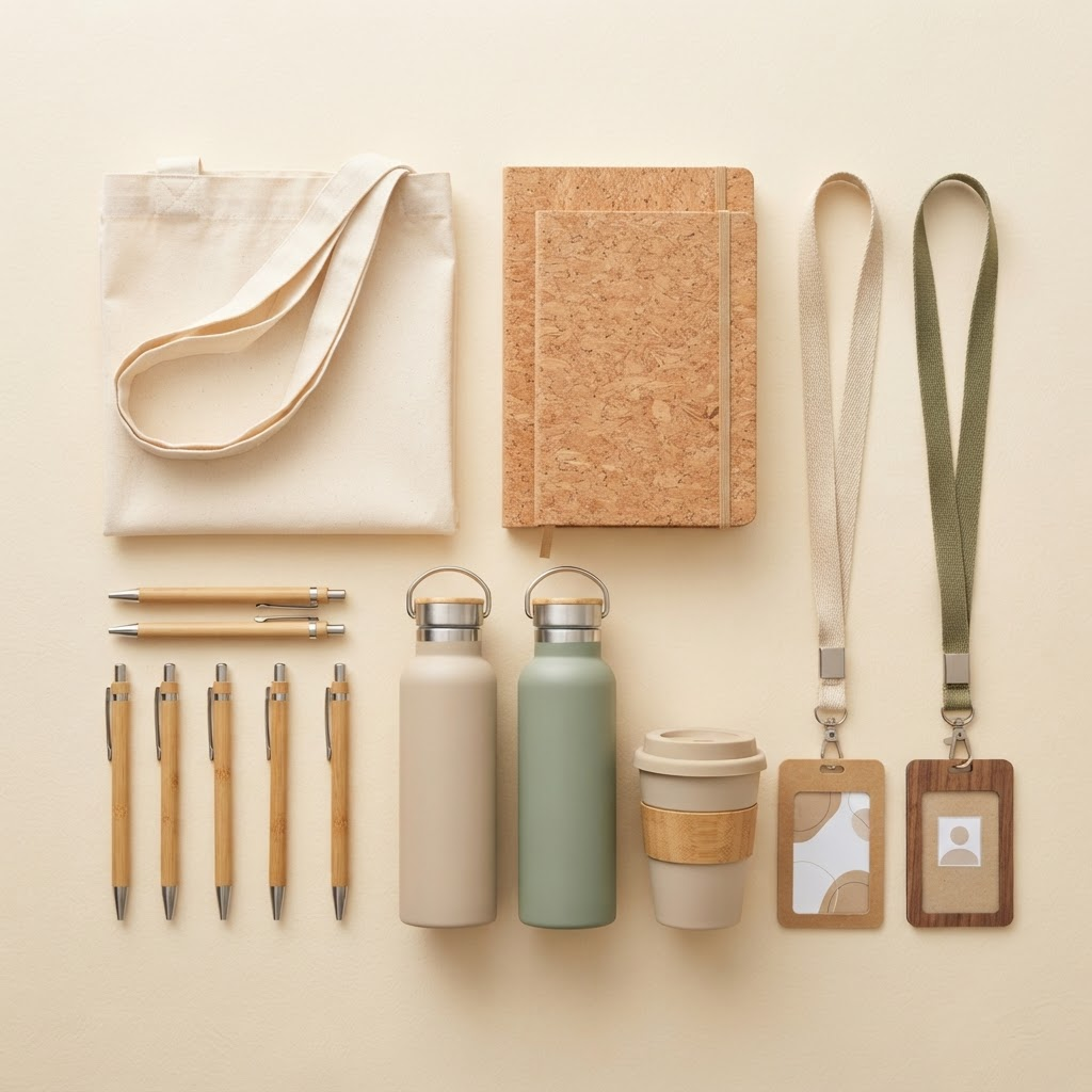 Eco-friendly branded promotional products laid out on a clean surface