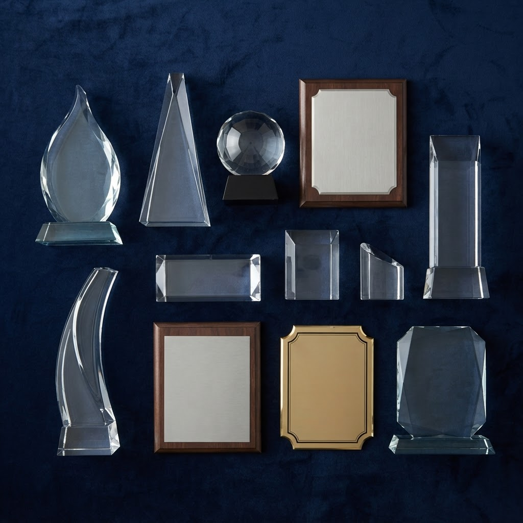 Corporate trophies and award plaques arranged on a dark surface