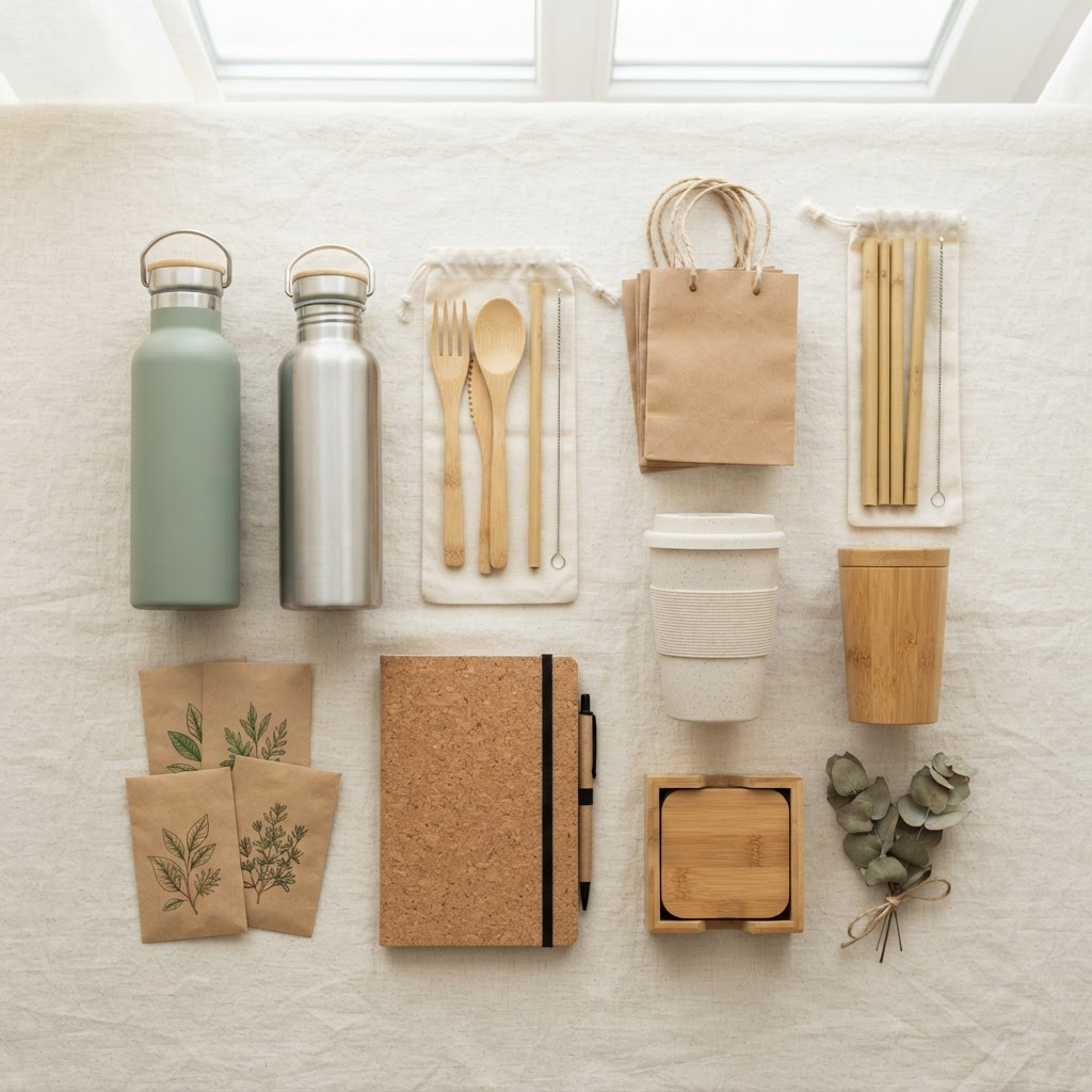 Eco-friendly promotional products including bamboo pens and reusable bottles