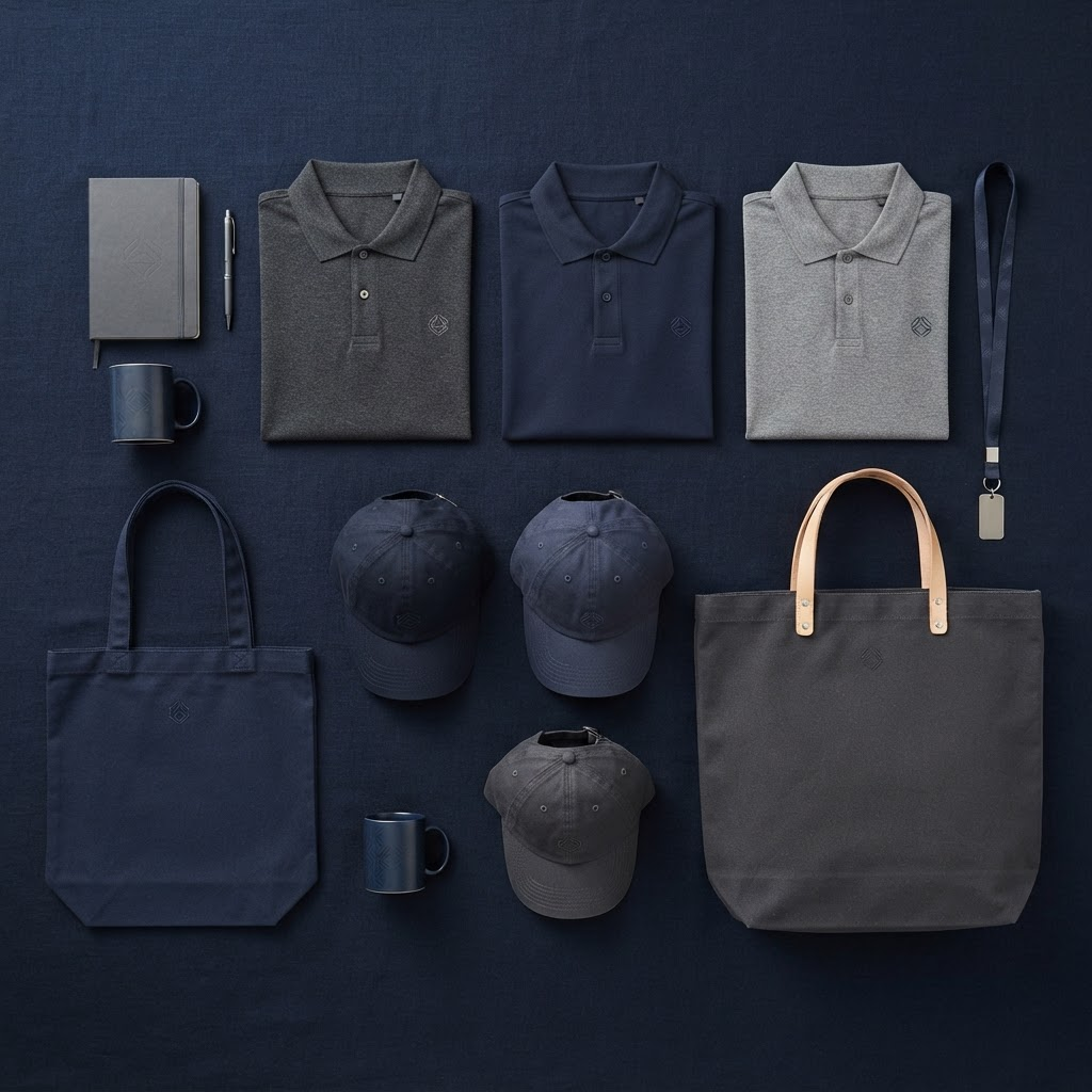 Branded corporate apparel including shirts, caps and tote bags
