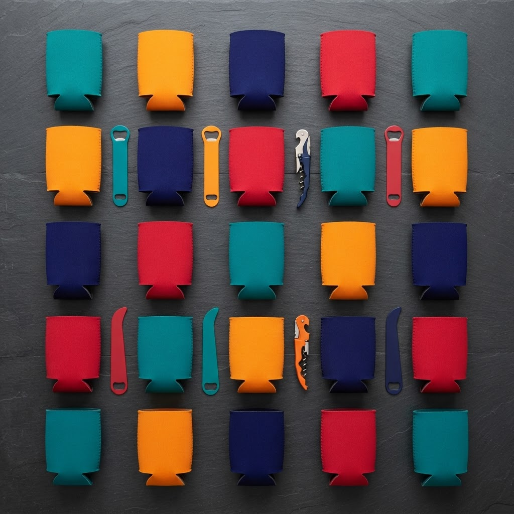 Neoprene stubby coolers in various colours arranged in a flat lay